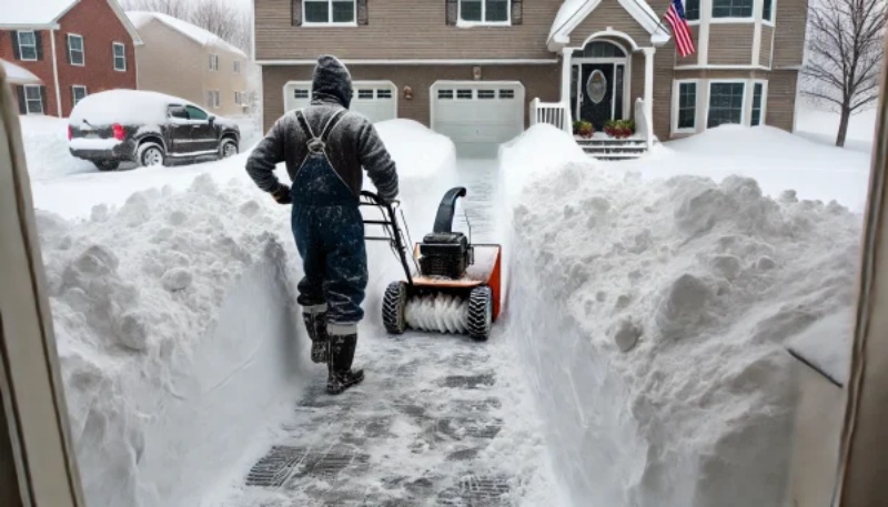 除雪機を使って雪の壁の間の通路を除雪する作業の様子