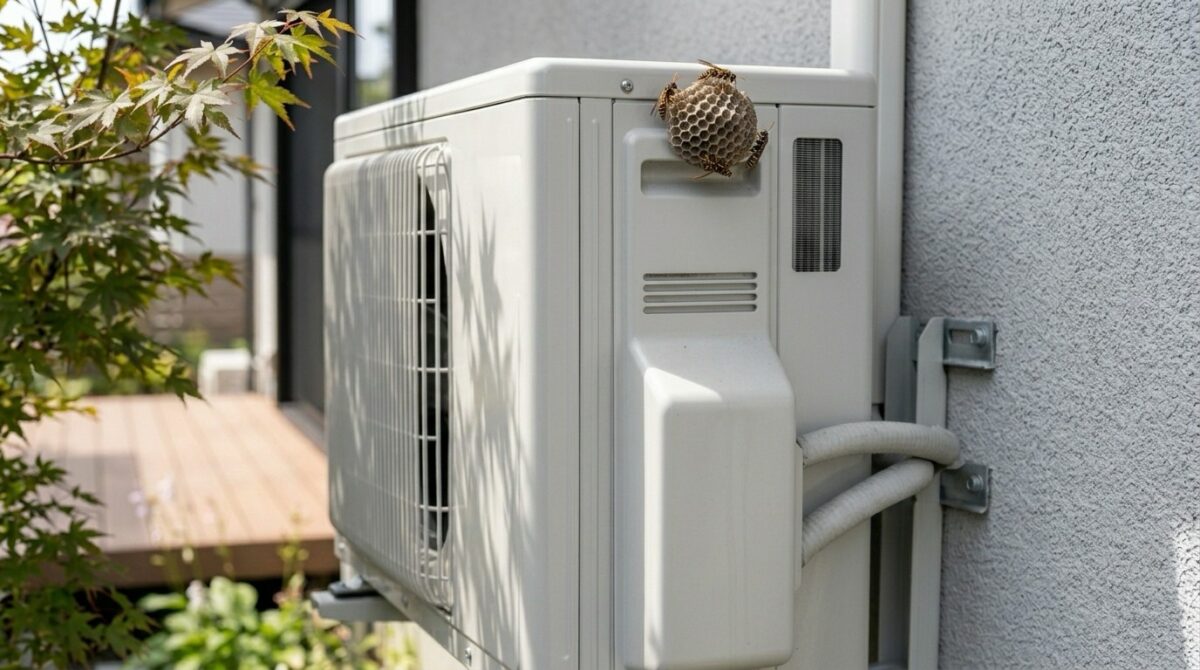 エアコン室外機にできた蜂の巣（イメージ）