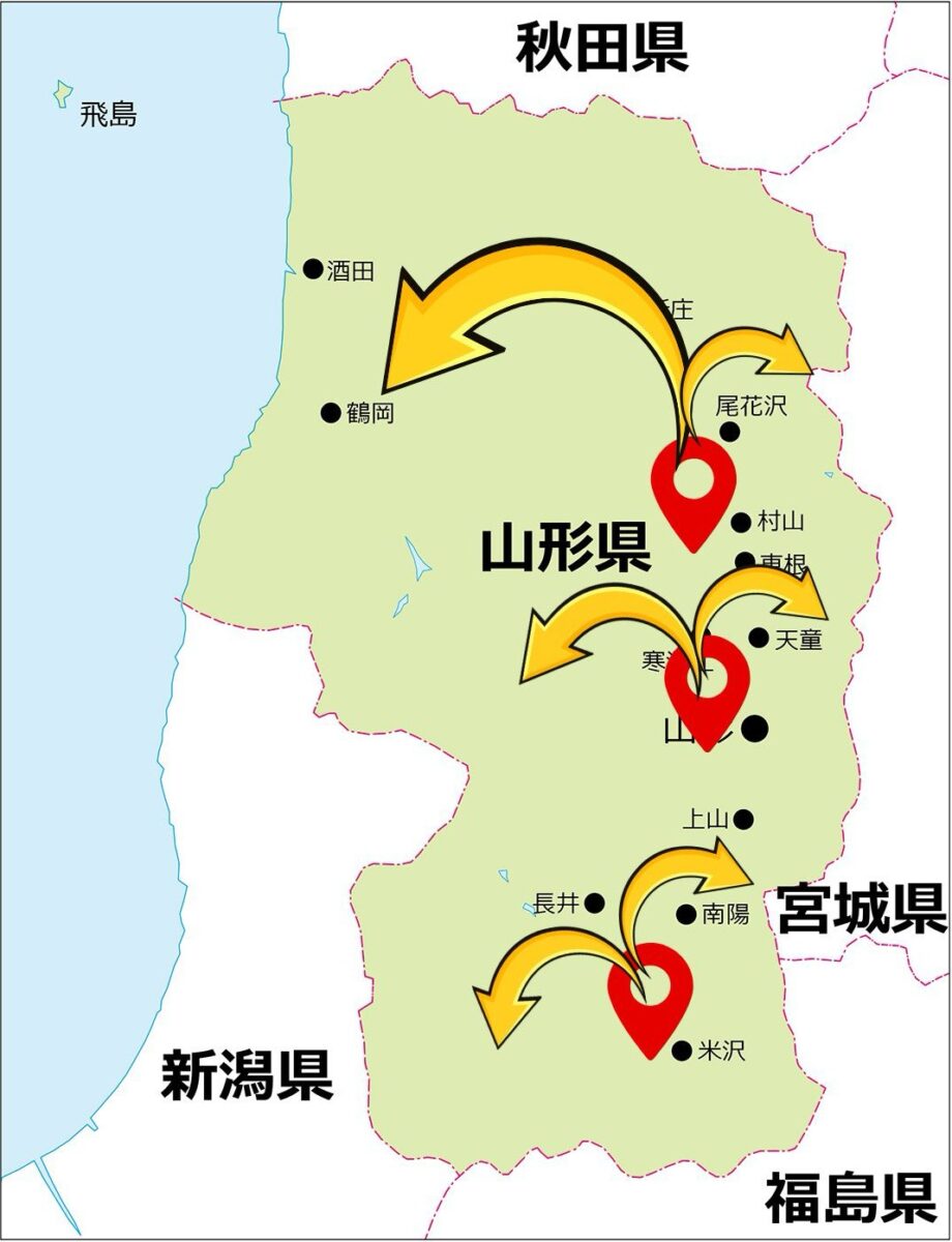東根・山形・米沢の3拠点と山形県の対応エリア