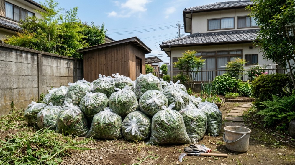 刈った草を詰めた大量のゴミ袋(量は予想以上になりがち)