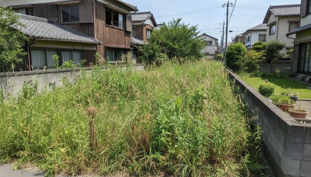 境界の塀を越えるほど伸びた雑草で隣家に迷惑がかかっている様子