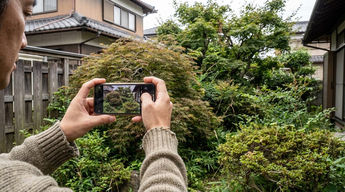 スマートフォンで庭木の写真を相談するイメージ