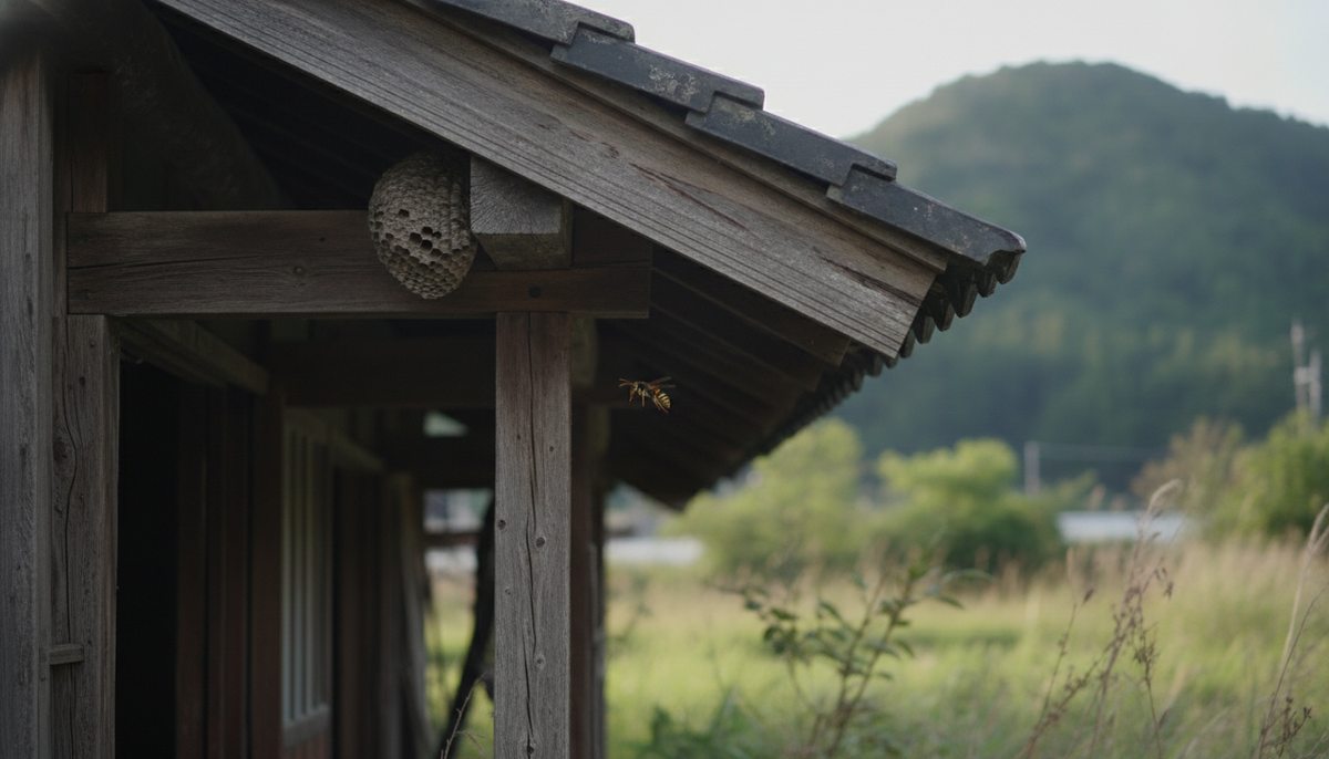 人の出入りが少ない空き家の軒先にできた蜂の巣