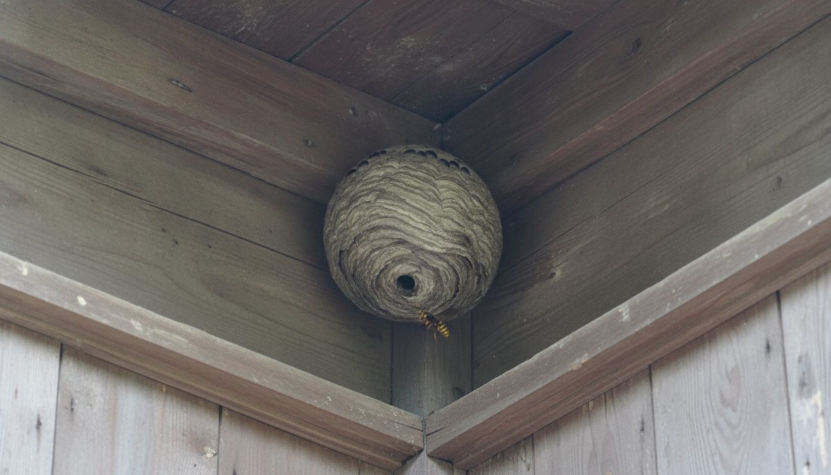 人の出入りがない建物の軒下の隅で大きく育ったスズメバチの巣
