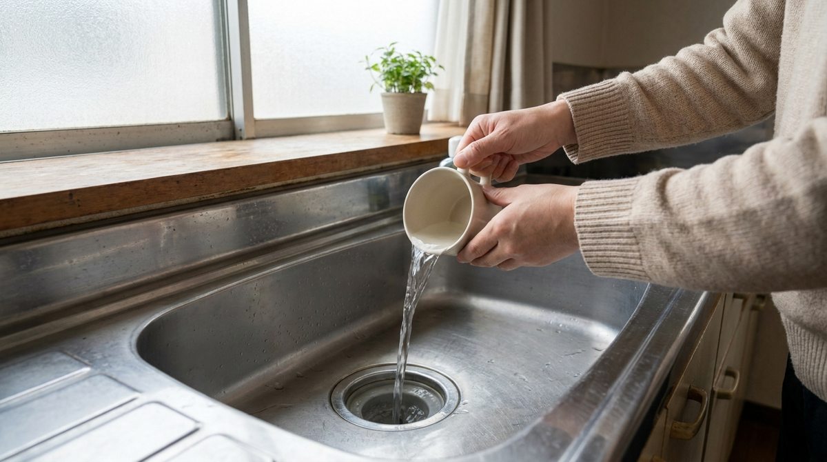 排水口に水を流して封水を補充する通水のイメージ