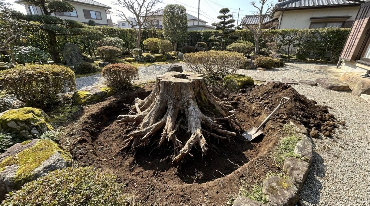 切り株の周りを掘り起こし根が露出した様子
