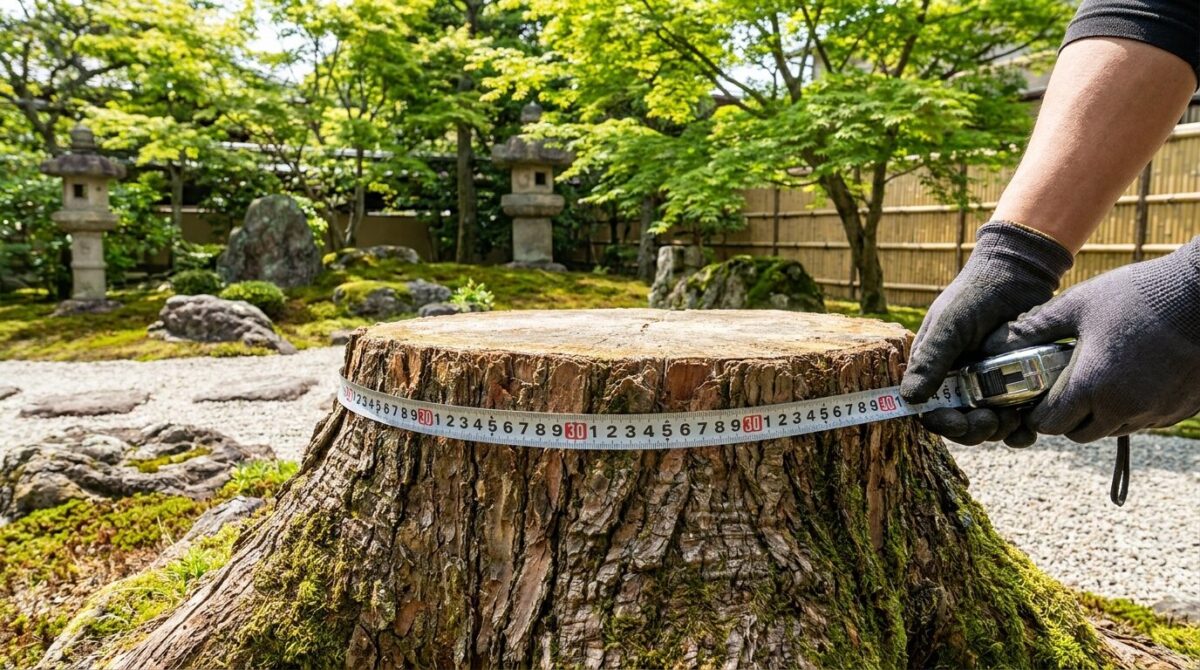 切り株の幹回りをメジャーで測る様子