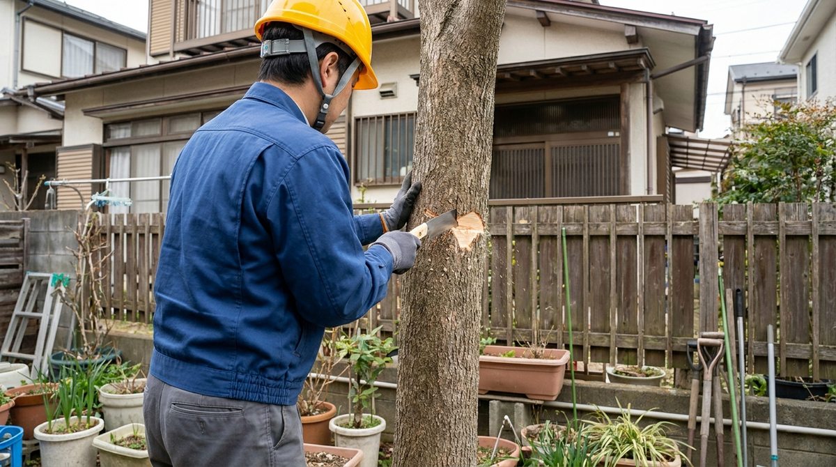 受け口と追い口を切り込む位置関係を示す伐採作業のイメージ