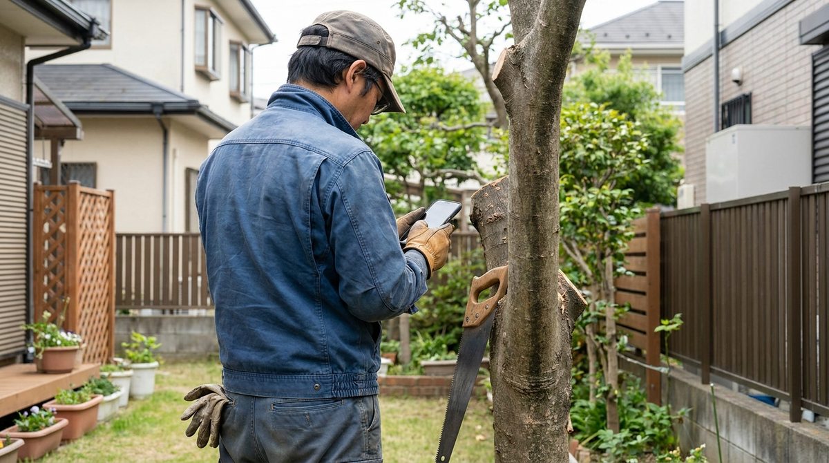 伐採作業を中止し業者に相談する判断をするイメージ