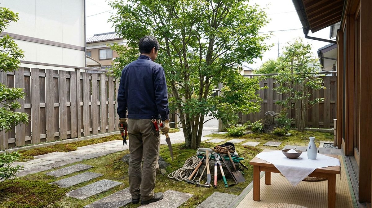 お清めを終えて穏やかな様子で庭木の伐採作業に入るイメージ