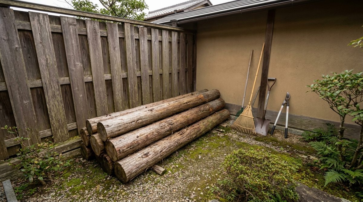 2mほどにカットされた丸太が庭に積まれているイメージ