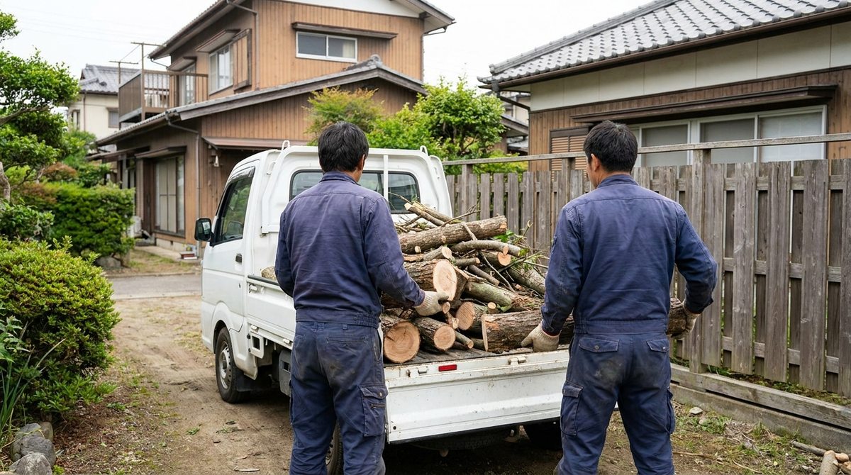 業者が伐採後の丸太をまとめてトラックに積み込むイメージ