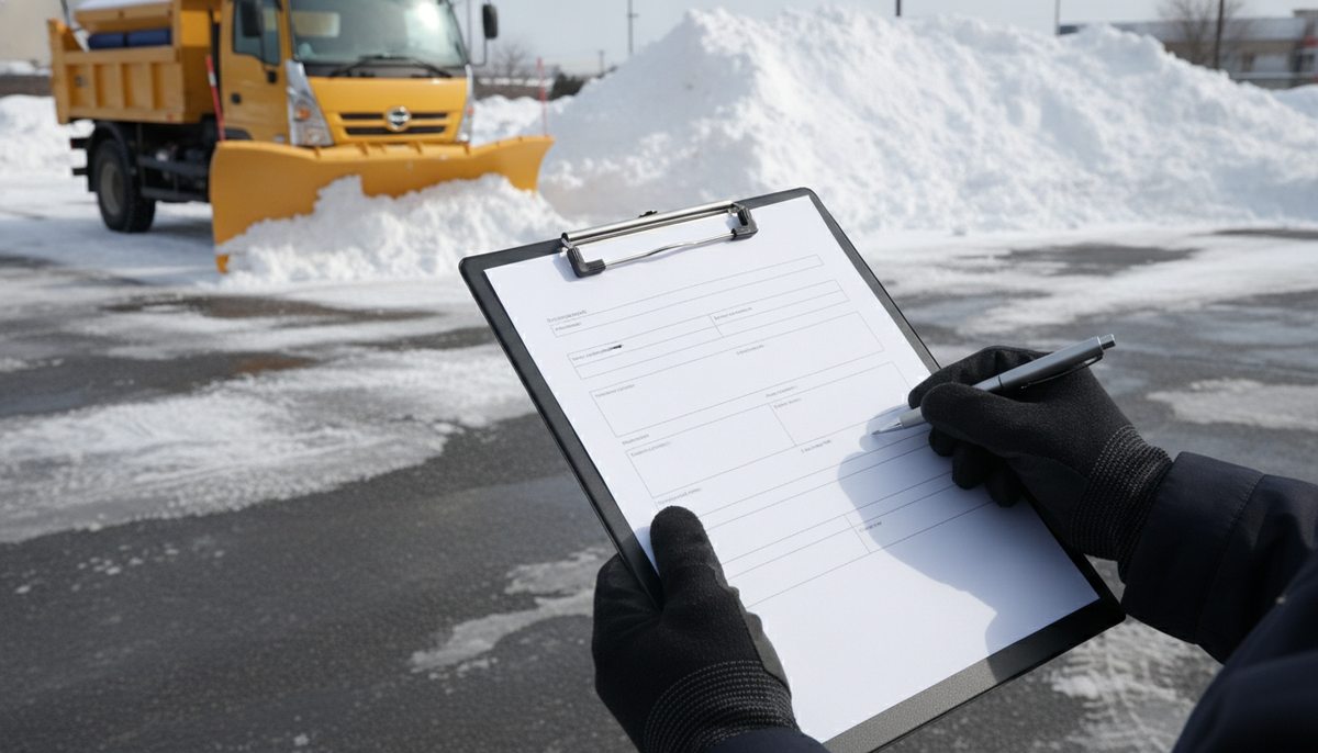 除雪の季節契約書とペン、背景に除雪車