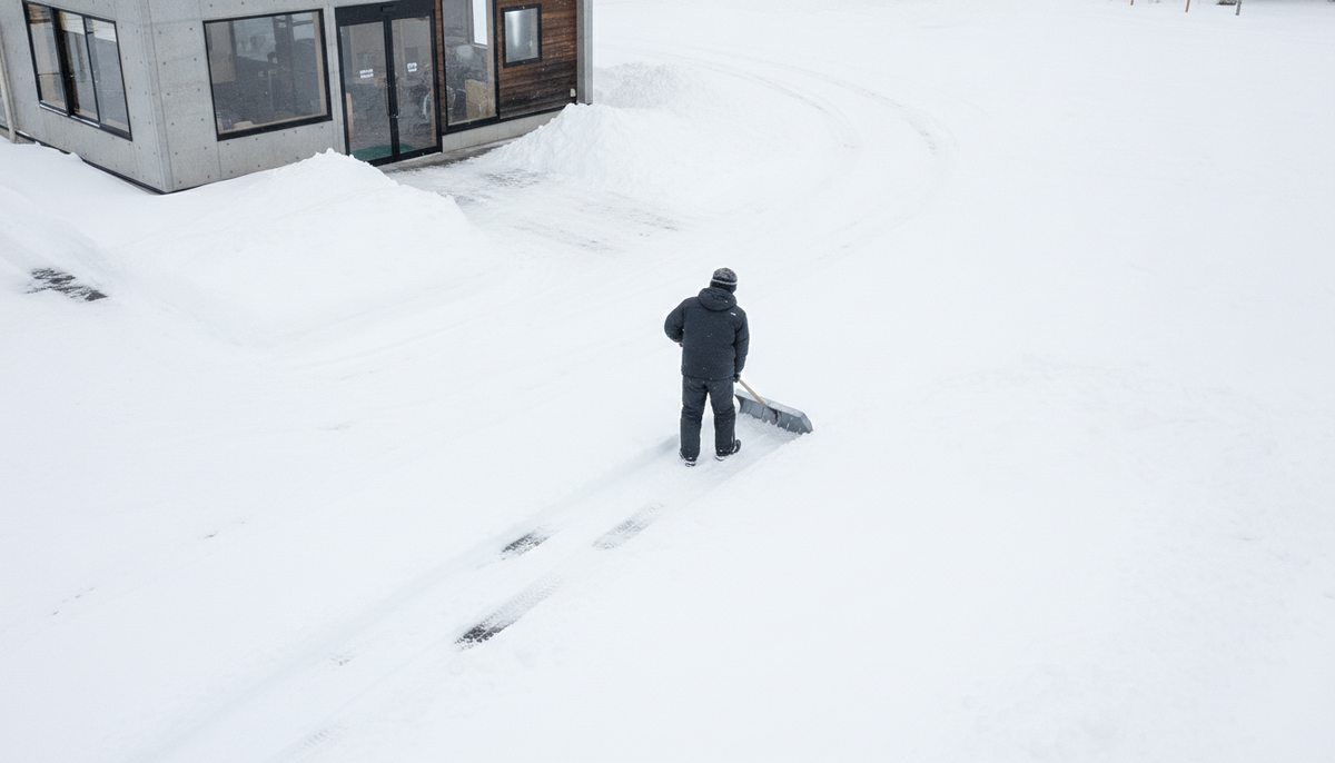 商業施設の駐車場で除雪作業を行うスタッフ