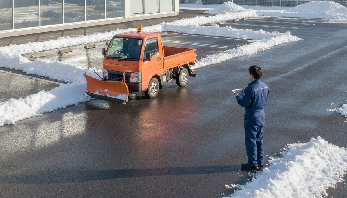 除雪車の脇でタブレットを使って作業完了を確認するスタッフ