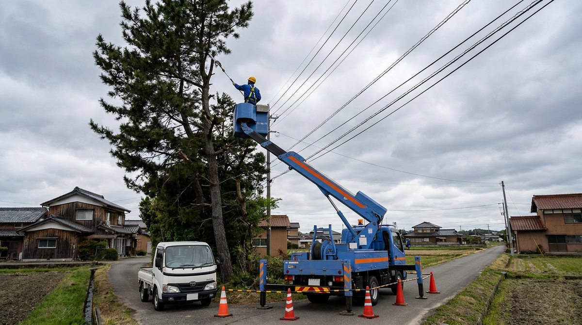 電力会社の防護管設置後に安全に伐採作業を進めるイメージ