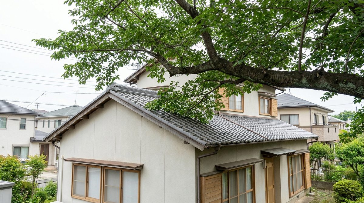屋根に木の枝がかかっている住宅のイメージ