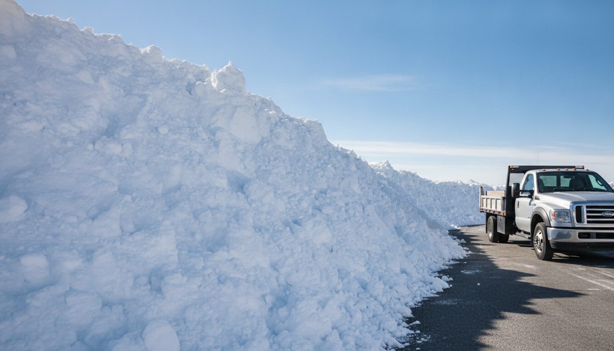 道路脇に積み上げられた雪の壁と、運び出しに向かうトラック