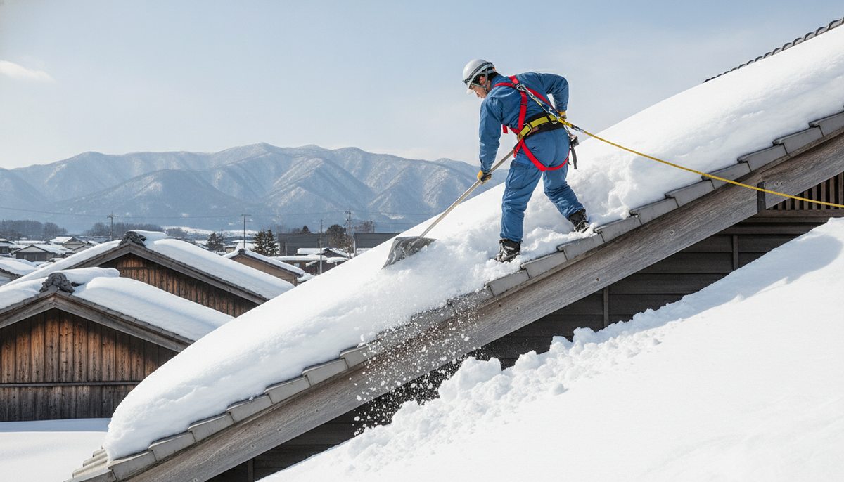 安全帯を着けて屋根の雪下ろし作業を行うスタッフ