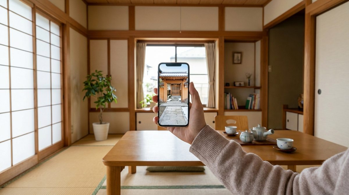 スマホで実家の作業完了報告写真を確認する様子