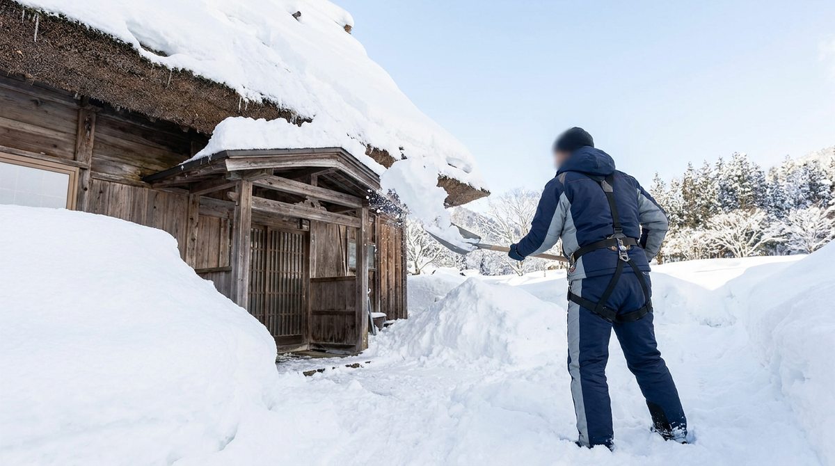 実家で除雪作業員が雪下ろしを代行する様子