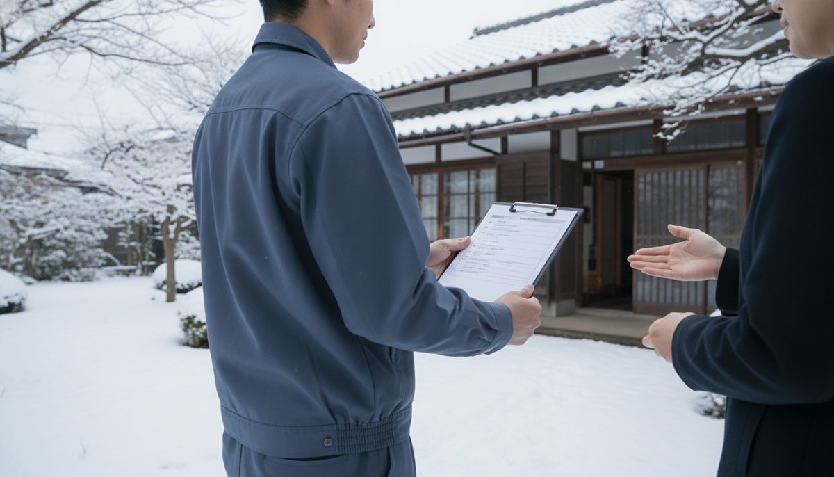 除雪業者が玄関先で見積り内容を説明する様子