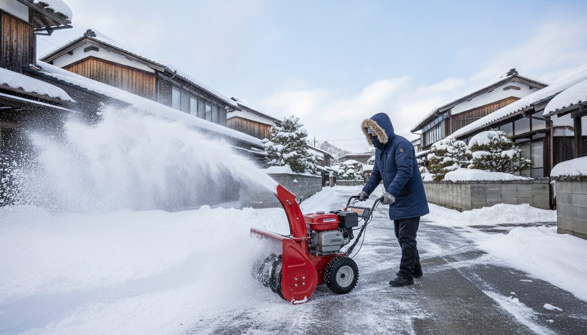 除雪機を使って住宅前の除雪作業をする様子