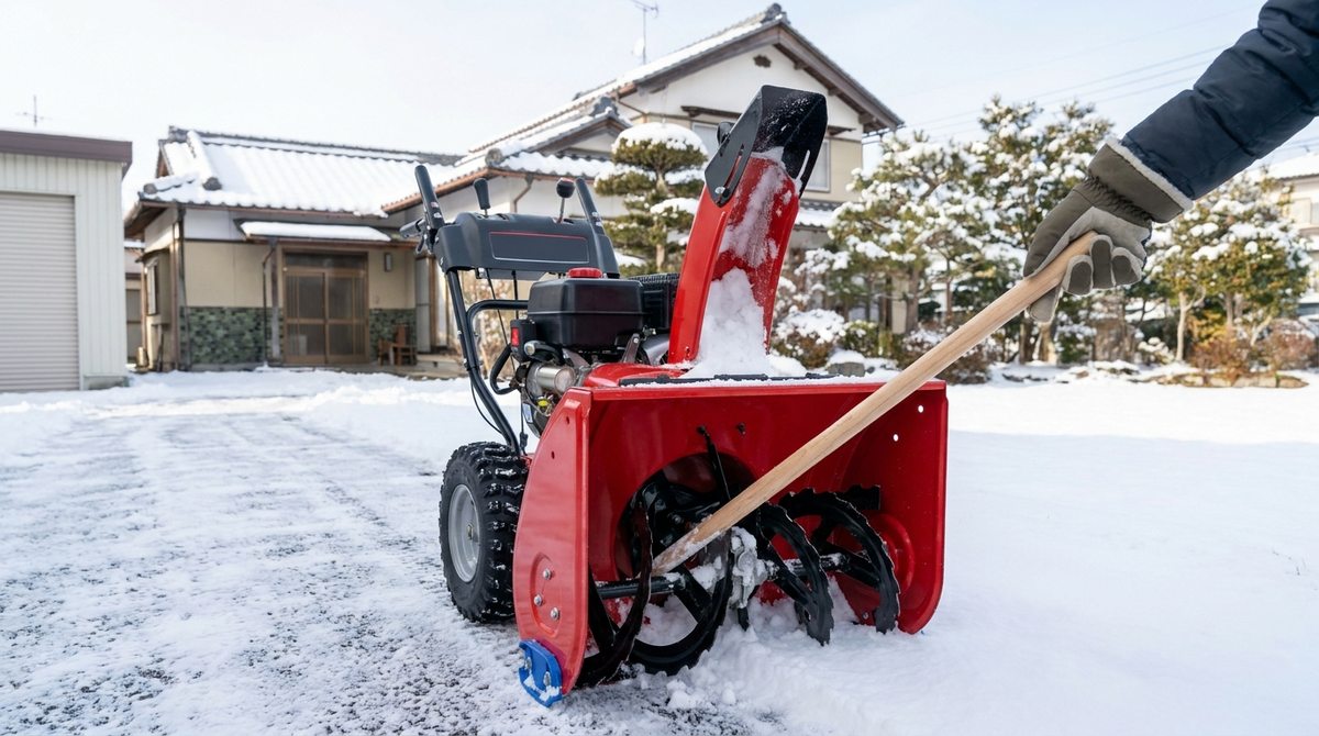 除雪機の雪詰まりをエンジンを止めた状態で専用の棒で取り除く様子