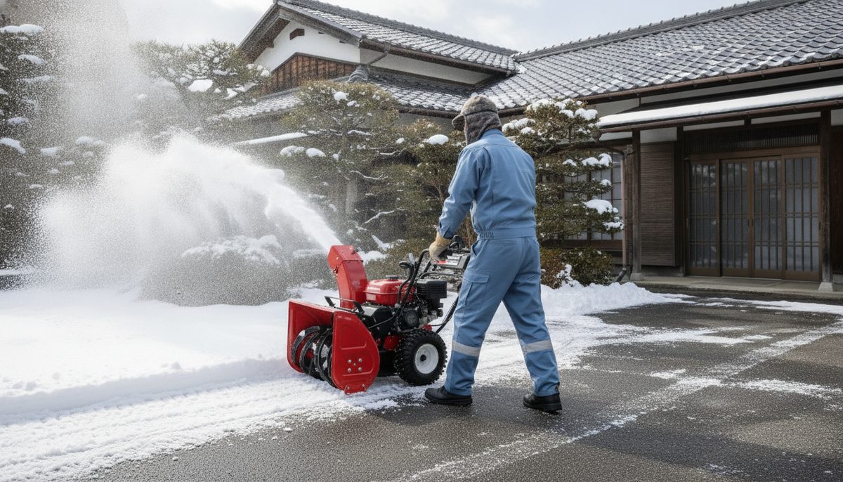 除雪代行のスタッフが除雪機を使って駐車場を手際よく除雪している様子