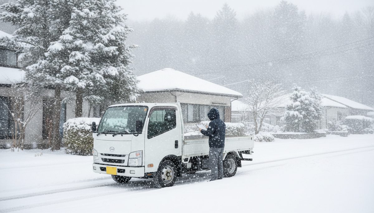 大雪が降る中、除雪機のレンタル在庫が確保できず立ち尽くす配送スタッフのイメージ