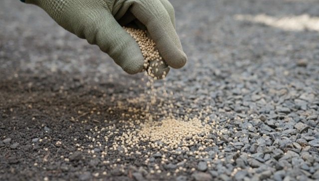 粒剤タイプの除草剤を砂利の地面にまいている様子