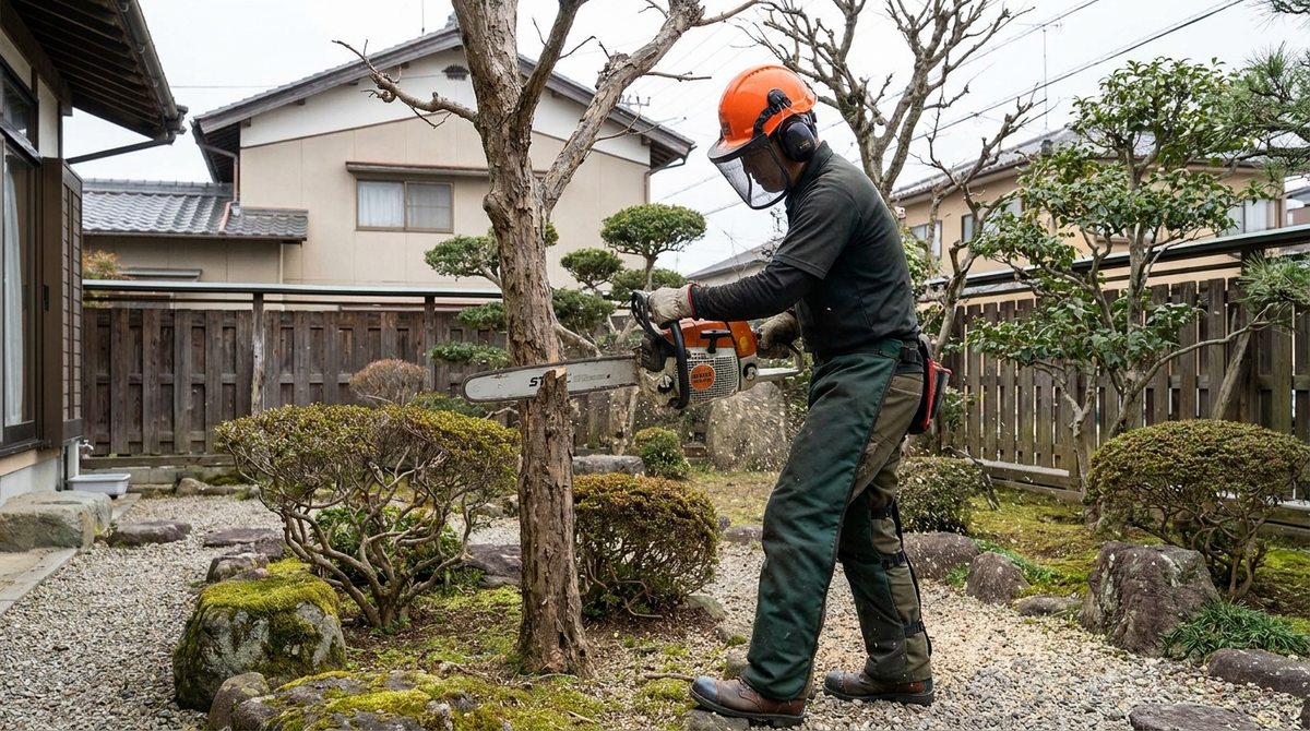 チェーンソーで枯れ木を安全に伐採するイメージ