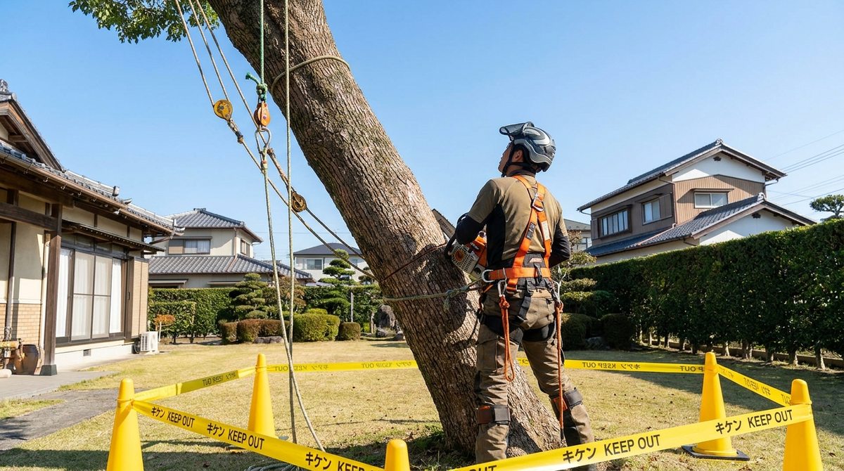 安全対策をしながら危険木を伐採するイメージ