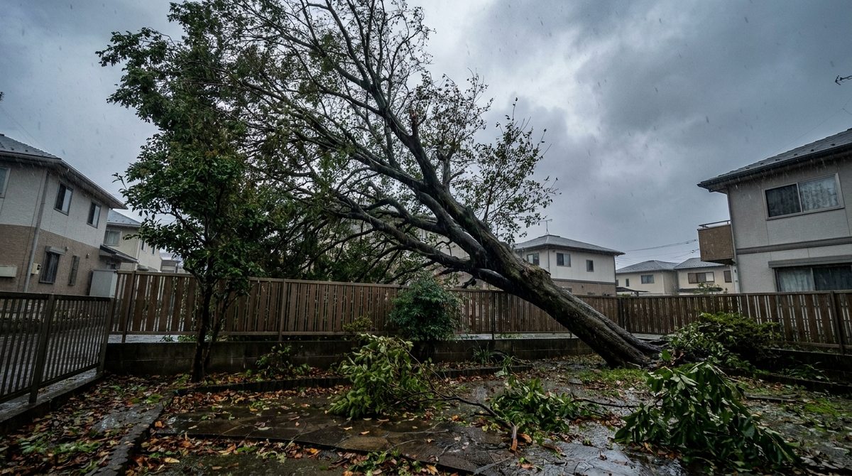 台風で木が傾いている庭のイメージ