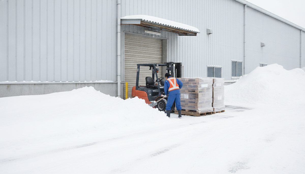 工場の荷捌き場でフォークリフトの近くで雪かきをする社員