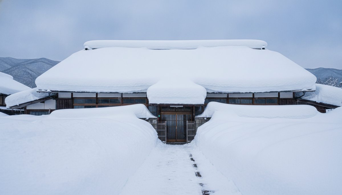 屋根に重い雪が積もった住宅と除雪された玄関までの通路