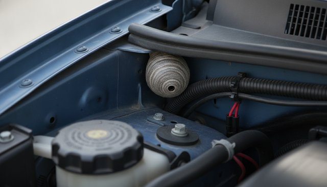 エンジンルームの隅にできた小さな蜂の巣