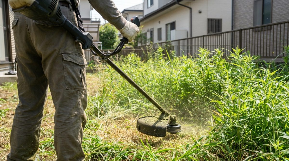 レンタルした草刈り機で庭の雑草を刈る様子