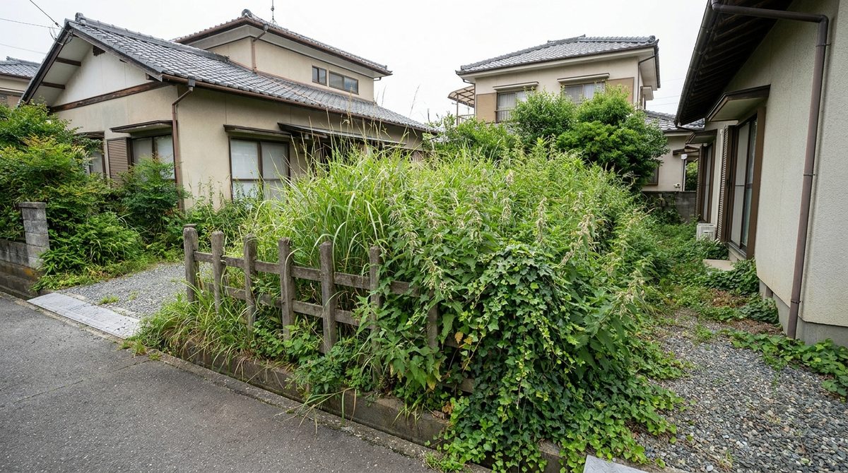 フェンス際に雑草が生い茂っている境界のイメージ