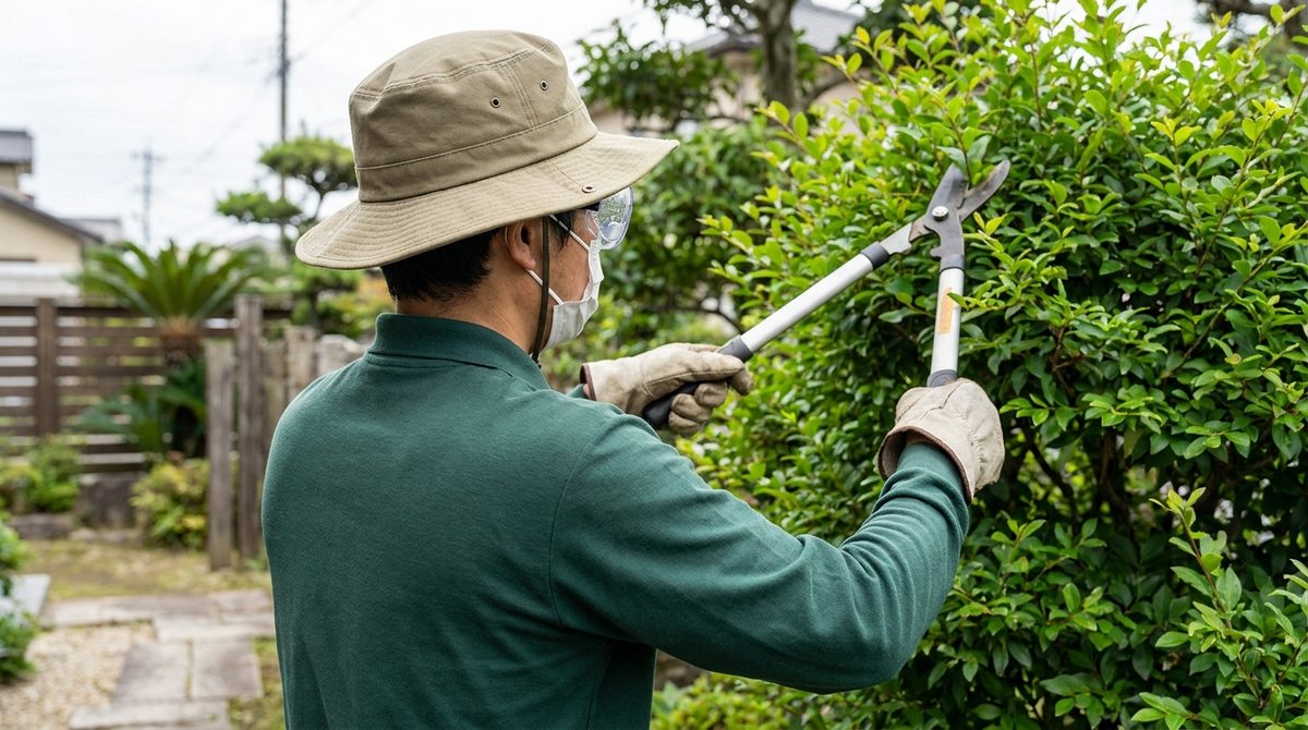 防護具を着用して毛虫を駆除する作業のイメージ