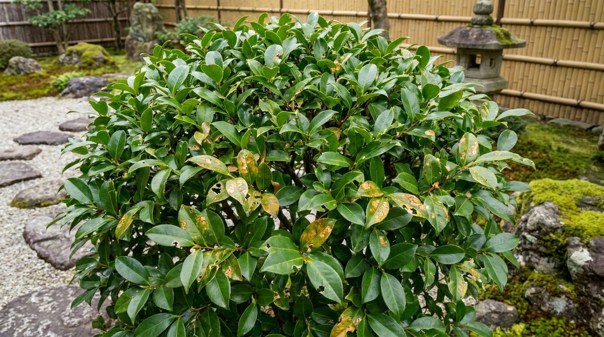 椿の木に毛虫が発生しているイメージ