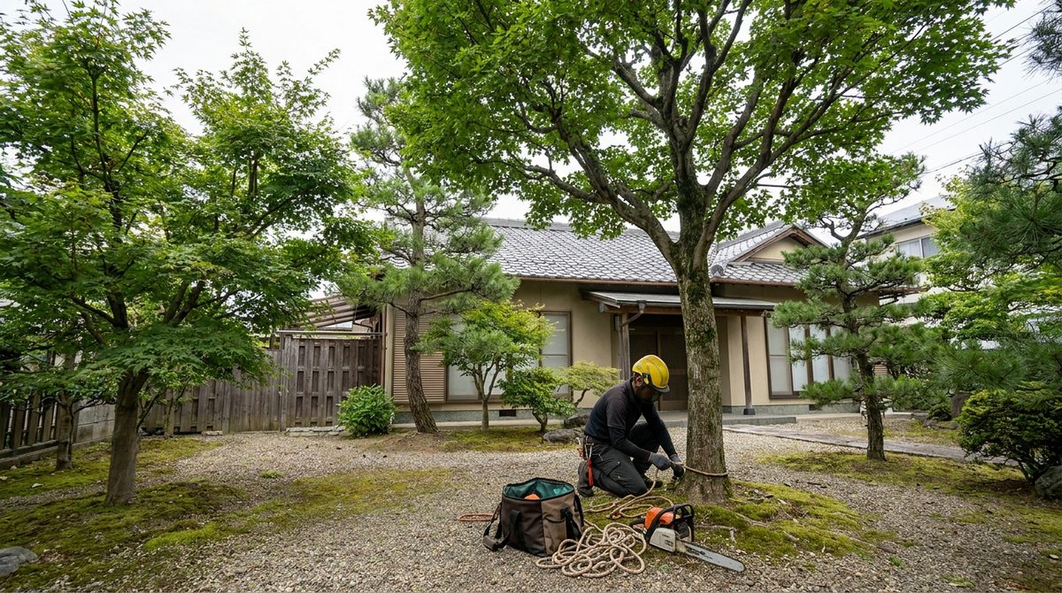 庭にある複数の木をまとめて伐採する準備をしているイメージ
