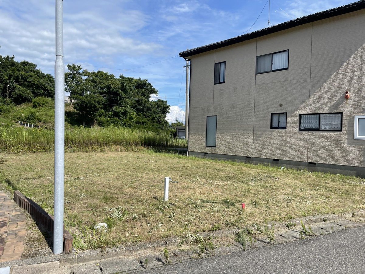 空き地の草刈り後：道路側から見た正面。縁石まわりまですっきりした状態