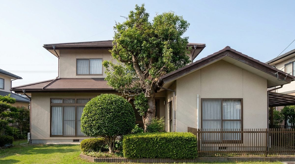屋根を越えるほど高くなった庭木と、低く整えられた庭木を対比したイメージ