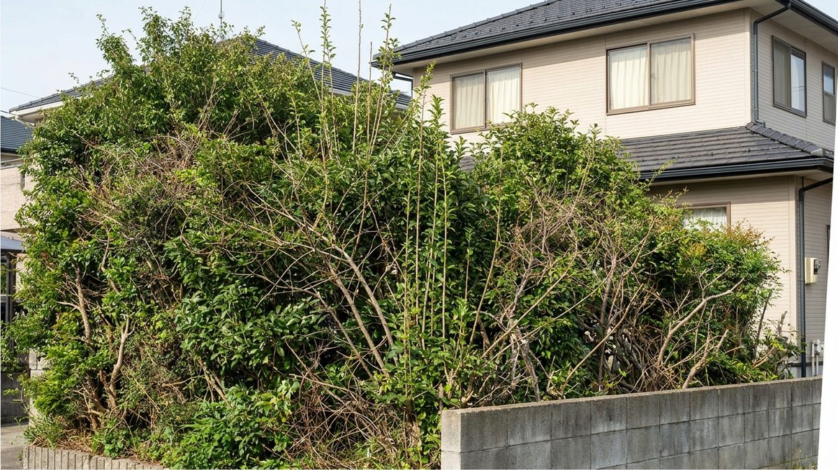 長く手入れされず枝が伸び放題になった庭木のイメージ