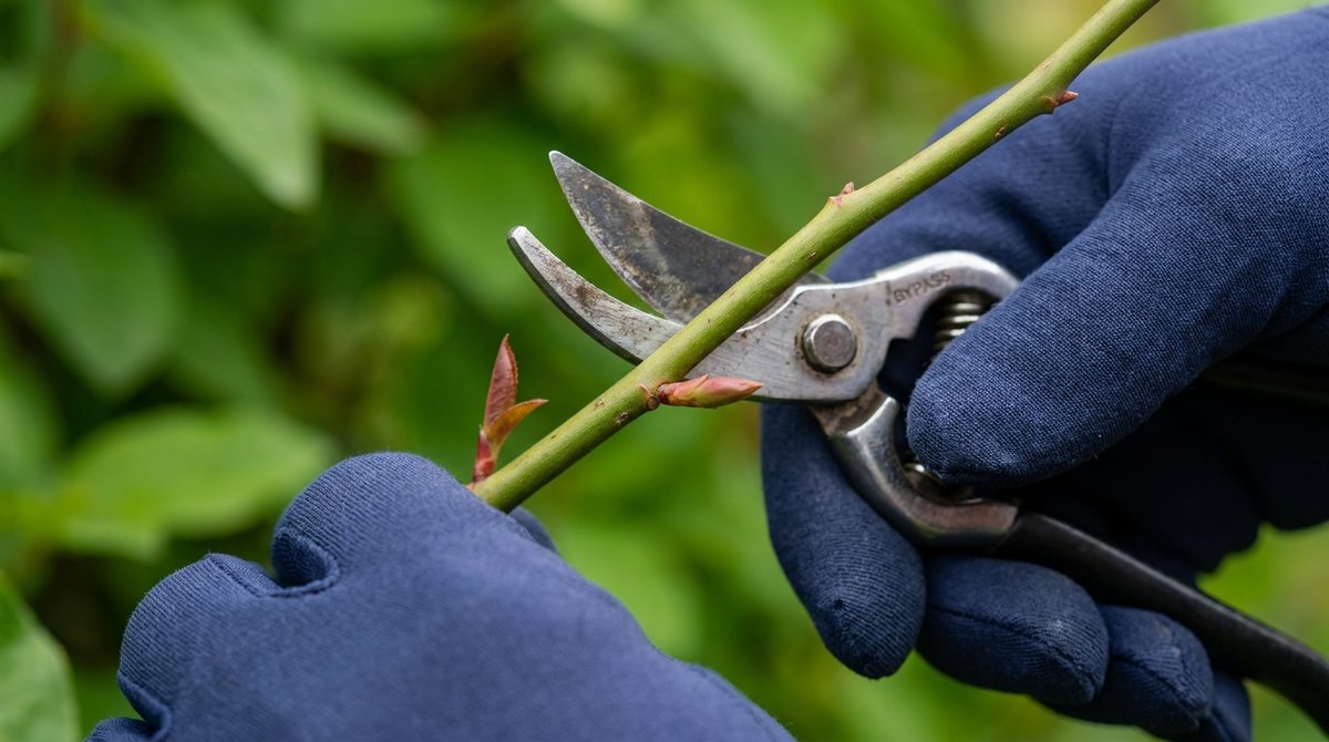 外向きの芽の少し上で剪定ばさみを入れる手元のクローズアップイメージ