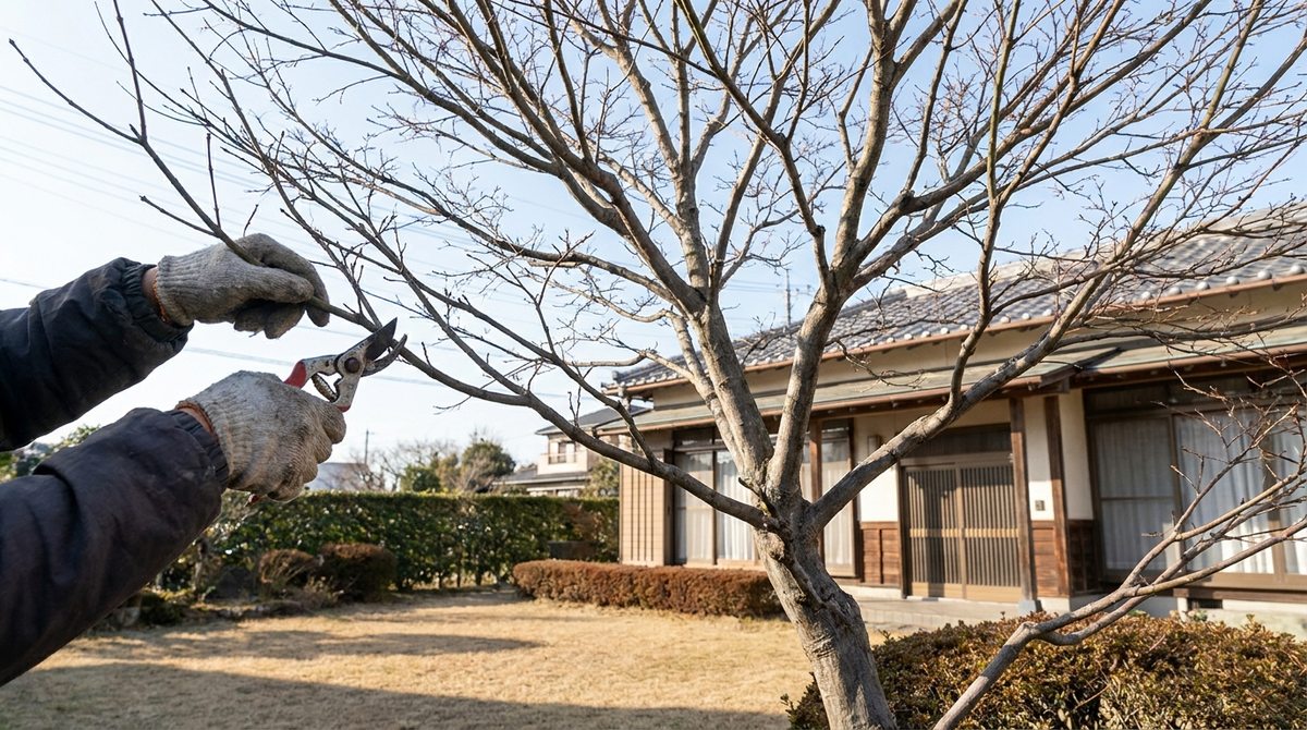 葉を落とした落葉樹（モミジ）を冬の休眠期に剪定するイメージ