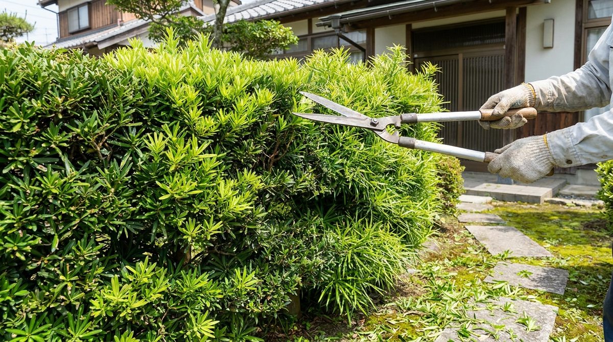 春から初夏に常緑樹の生垣を刈り込んで整えるイメージ