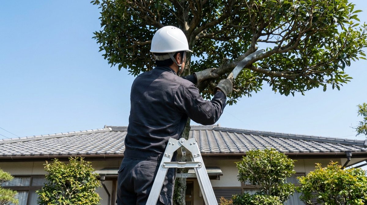 高所の太い枝を装備を整えた作業者が剪定しているイメージ
