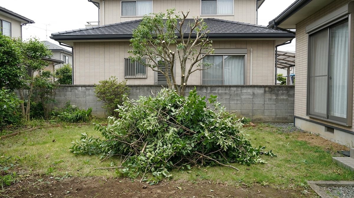 剪定して切り落とした枝が庭に山積みになっているイメージ